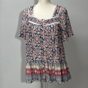 beachlunchlounge Blouse Blue White Babydoll Peplum Tiered Small Flutter Sleeves